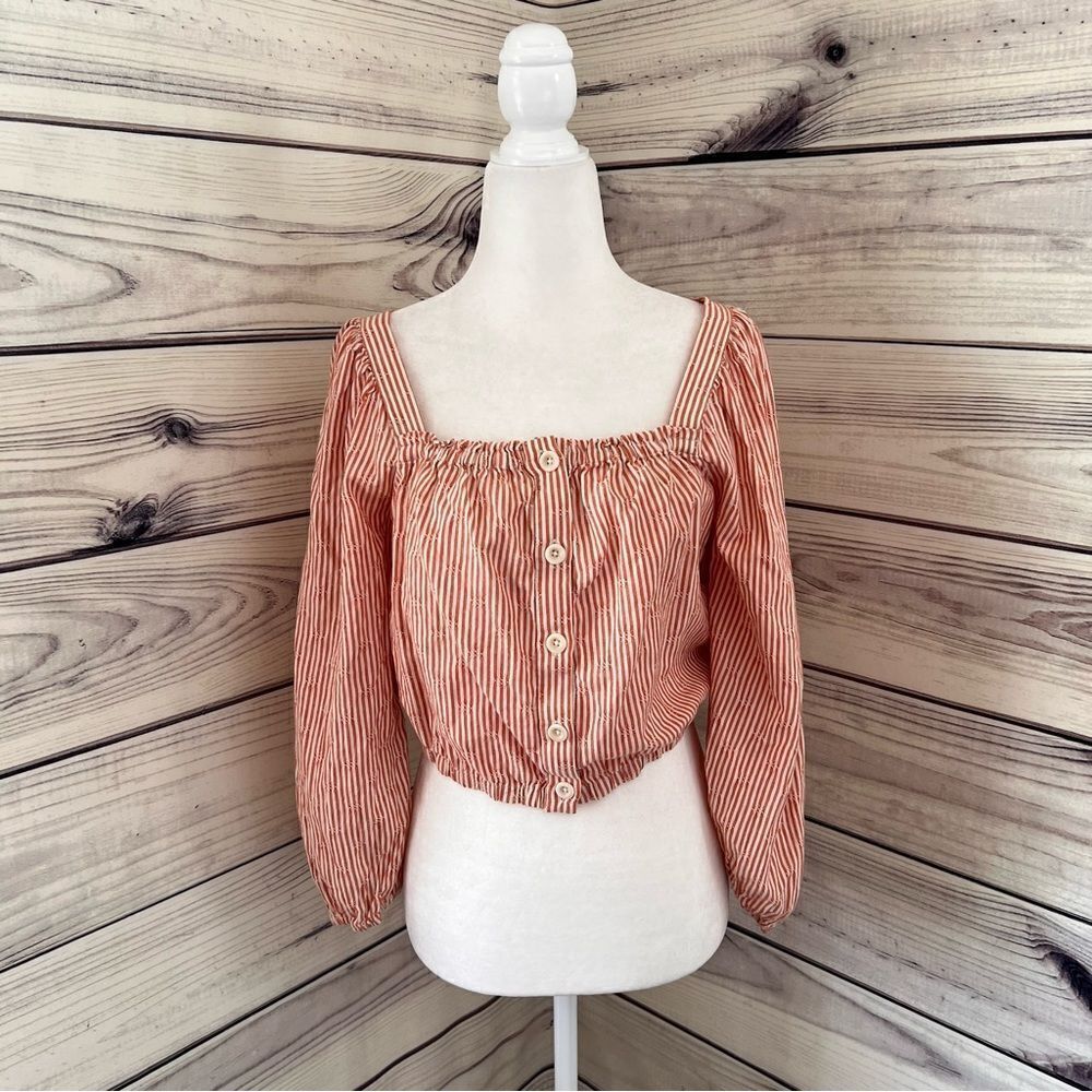 Madewell Orange & White Puff Sleeve Button Down Crop Top